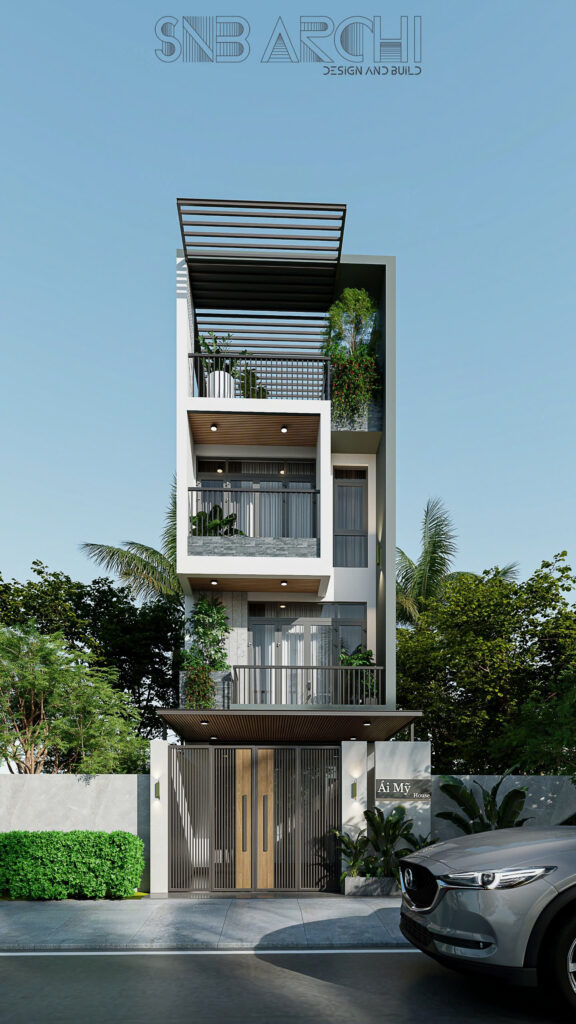 Phối cảnh kiến trúc ngoại thất ngôi nhà hiện đại phố của chị Mỹ 