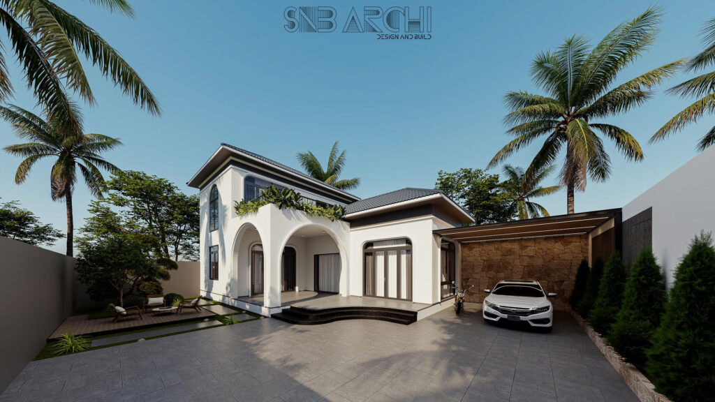 Tổng thể kiến trúc ngoại thất của mẫu villa 1 trệt 1 lầu nghỉ dưỡng tropical.