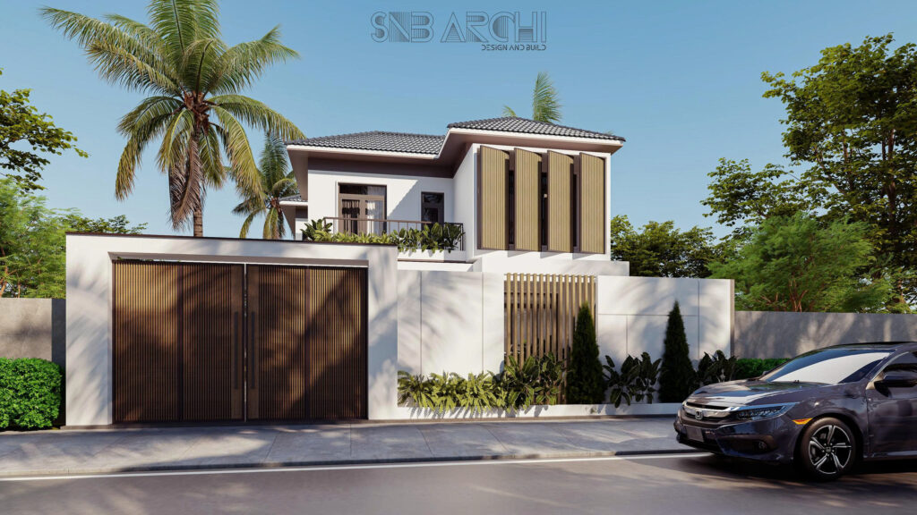 Tổng thể ngoại thất của mẫu nhà phố 1 trệt 1 lầu mái nhật hiện đại