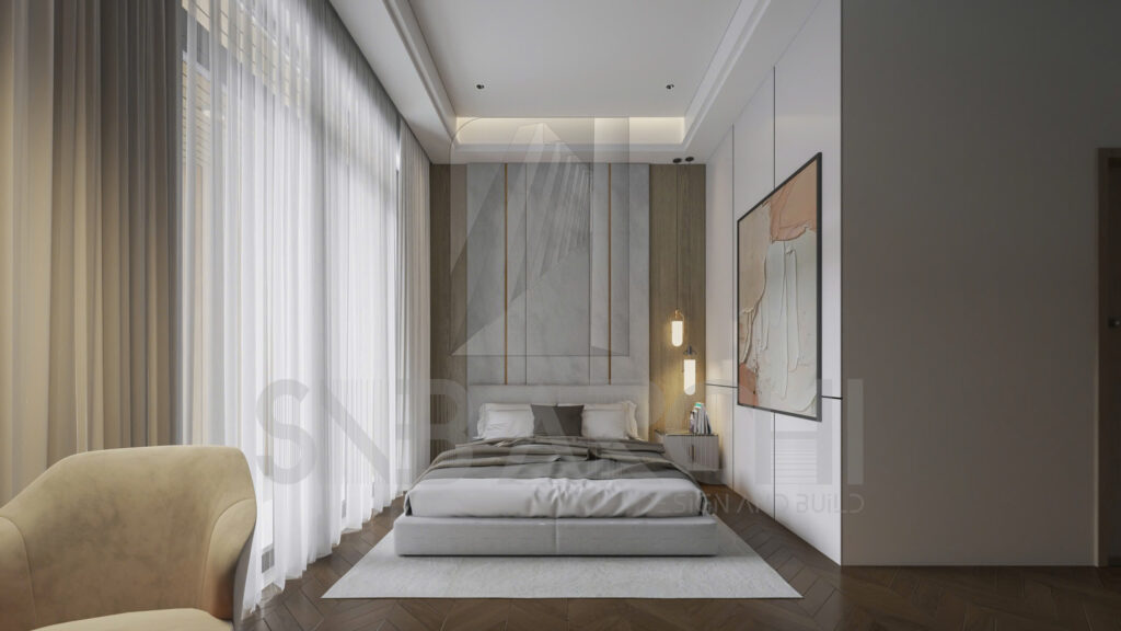 Không gian ngủ được thiết kế thoát mát, kết nối  thiên nhiên với hệ cửa kính lớn, lấy sáng lấy gió tươi nâng tầm trải nghiệm của không gian.