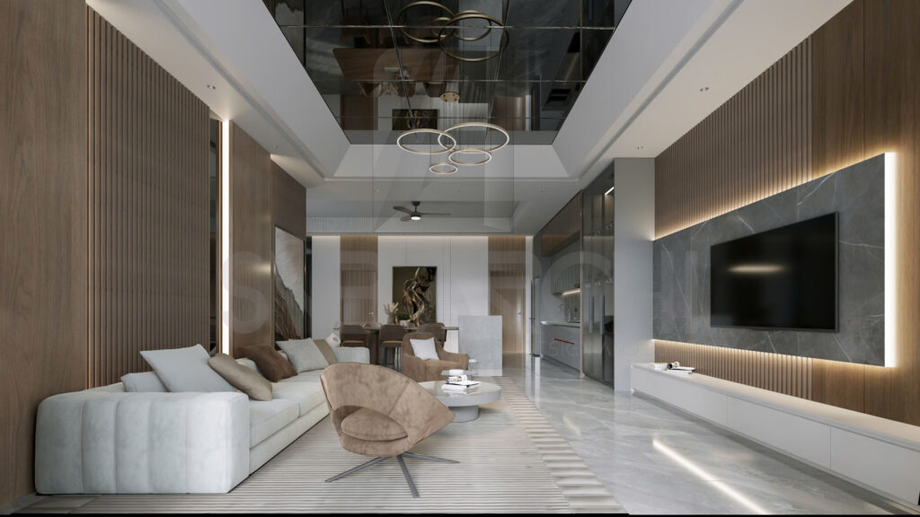 khi thiết kế nội thất hiện đại sang trong , KTS luôn thiết kế không gian khách và bếp hướng đến không gian mở, liên kế hai không gian giúp không gian được rộng rãi hơn 