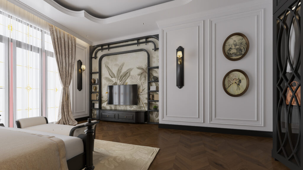 Ánh sáng tự nhiên tràn qua lớp rèm voan trắng và rèm vải họa tiết hoa chìm, đủ để làm sáng căn phòng mà không quá chói, tạo nên bầu không khí dịu dàng, thư thái.