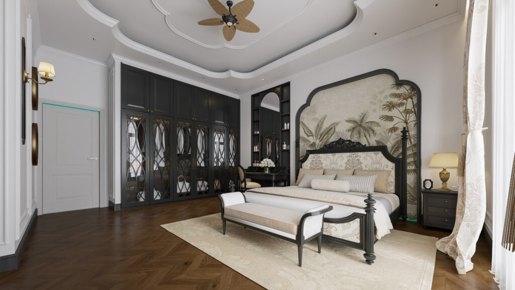 Họa tiết kết hợp với nhau gợi nhớ đến những bức tường vẽ tay trong biệt thự cổ xưa, nhưng được tinh giản để phù hợp với thẩm mỹ hiện đại – vừa có chiều sâu, vừa không nặng nề. 