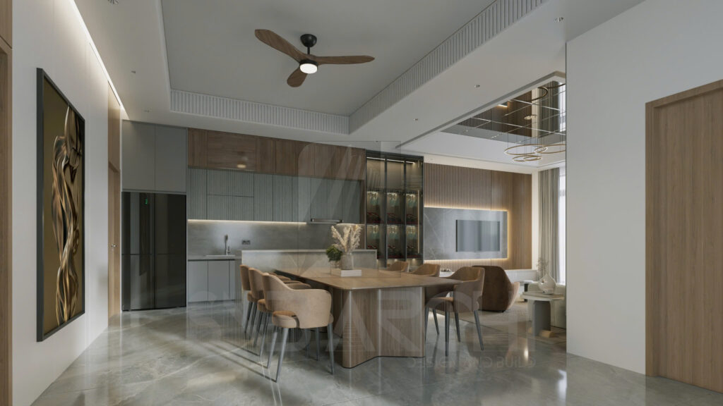 Không gian bếp được thiết kế rộng rãi thoát mát, kết nối giữa bàn ăn và bếp, tạo nên sự gắn bó giữa các thành viên trong gia đình lại với nhau.