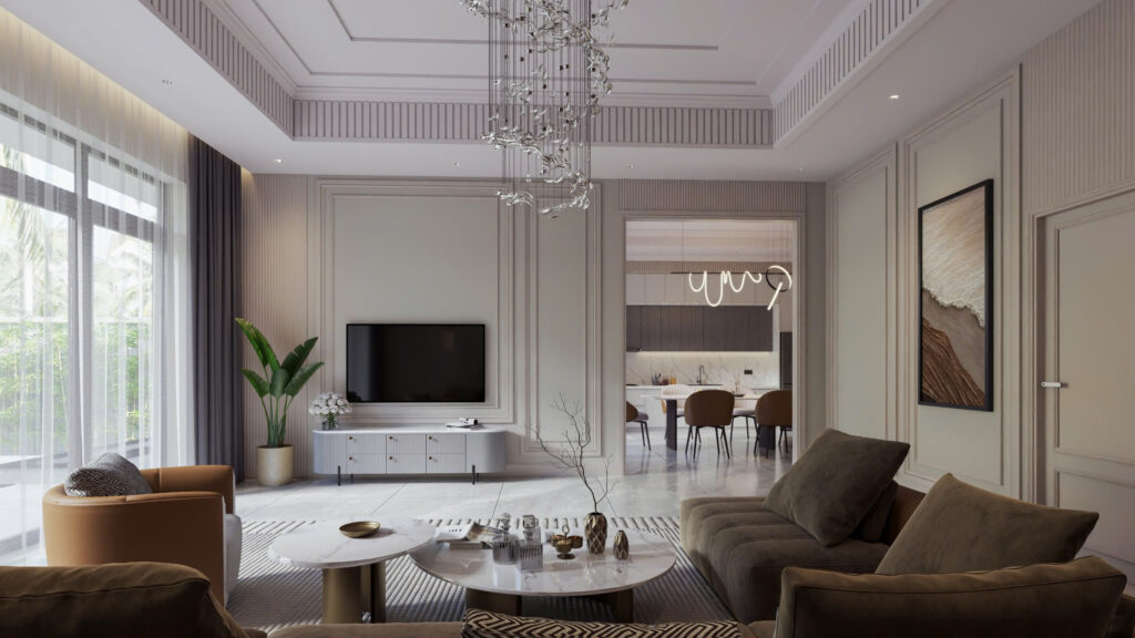 Với thiết kế không gian mở giúp cho toàn bộ không gian trở nên rông rãi thoáng mát hơn trong phong cách nội thất tân cổ điển hiện đại sang trọng