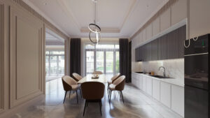 Khu vực bếp và bàn ăn được thiết kế mở, liên thông với phòng khách,  tạo nên sự kết nối tự nhiên giữa các không gian sinh hoạt.