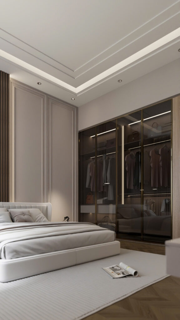 Hệ tủ quần áo cánh kính khung nhôm đen mờ kết hợp kệ trang trí âm tường không chỉ tối ưu diện tích