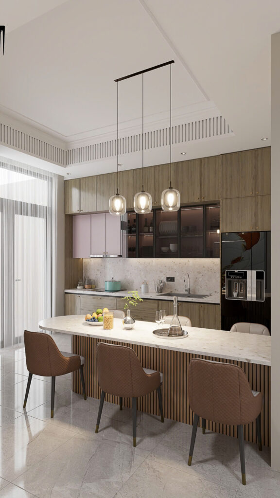 Không gian bếp được cách biệt với phông gian phòng khách 