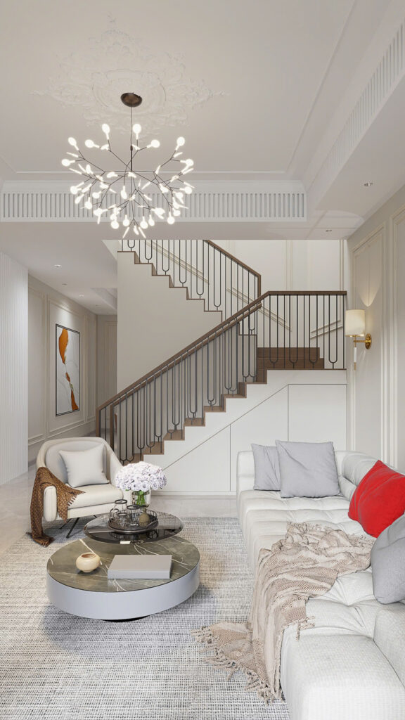 Những chi tiết phào chỉ mang cảm giác cổ điển, nhưng vật dụng nội thất lại mang chất hiện đại, đem lại cảm giác vừa tinh tế , nhưng không quá lỗi của phong cách nội thất tân cổ điển