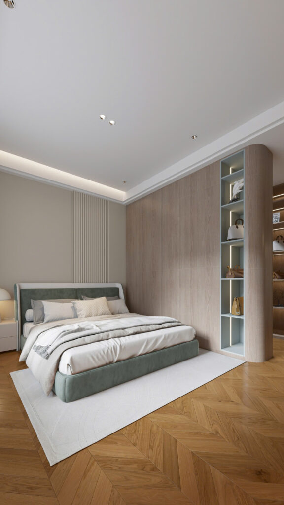 Giường, tủ và bàn được thiết kế gọn gàng với những đường bo cong mềm mại, vừa an toàn, vừa tạo nên sự cân bằng với những khối kiến trúc thẳng hiện đại.