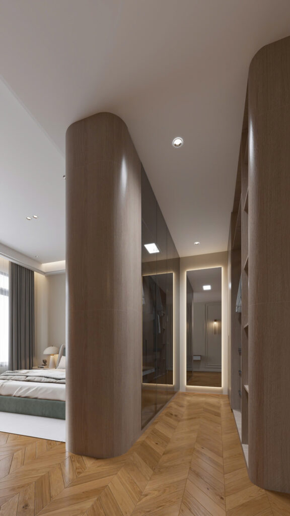 Khu vực thay đồ, các hệ tủ được bo cong tinh tế tạo nên cảm giác mềm mại , tinh tế trong mọi không gian 