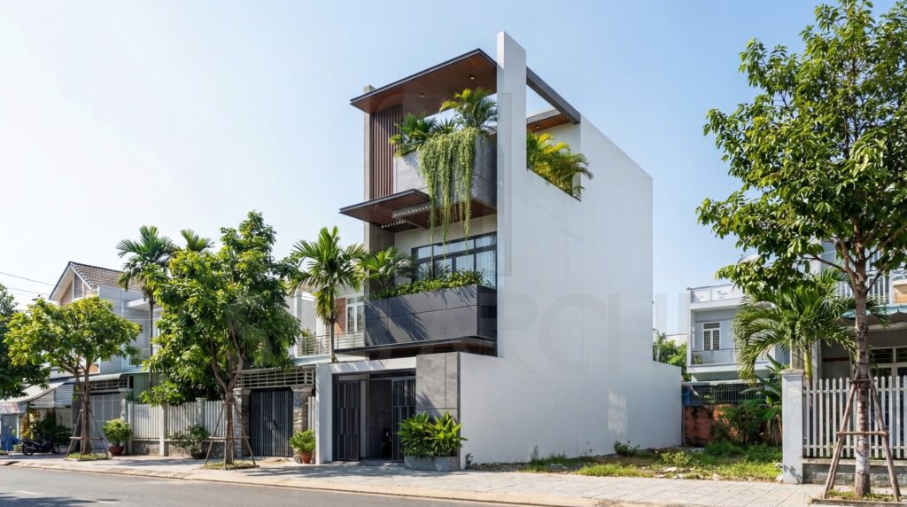 Ban công trồng nhiều cây xanh , giúp ngôi nhà mát mẻ, trong lành 