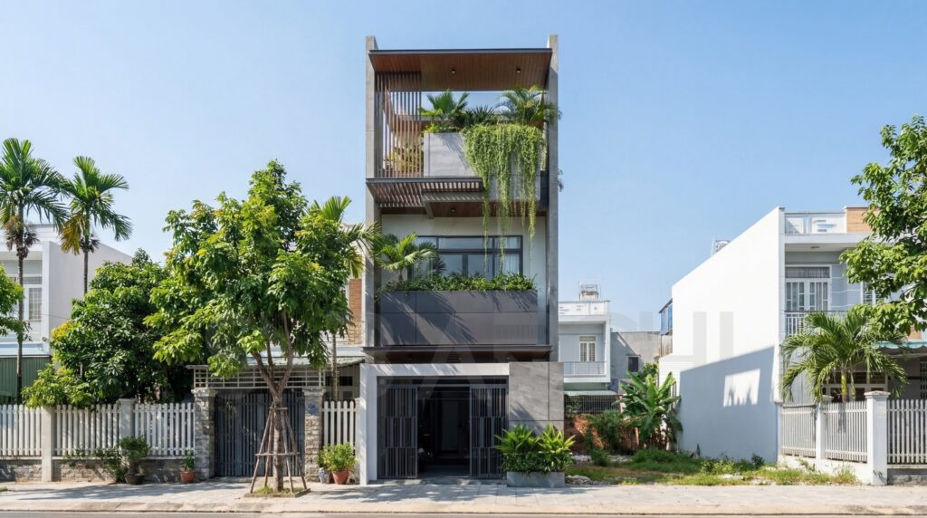 Không gian mặt tiền , vuông vức , mạnh mẽ, nhưng không lỗi thời theo thời gian 