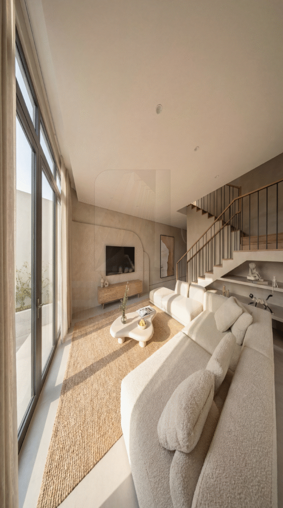 Sofa vải nhung màu be đặt giữa không gian mở là điểm nhấn tinh tế, vừa mang lại cảm giác êm ái, vừa kết nối các khu vực với nhau một cách liền mạch.