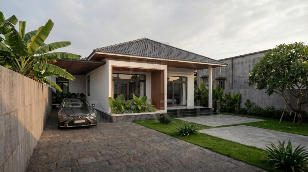 Mẫu nhà 1 tầng mái Nhật hiện đại với sân vườn rộng – Không gian sống thư thái