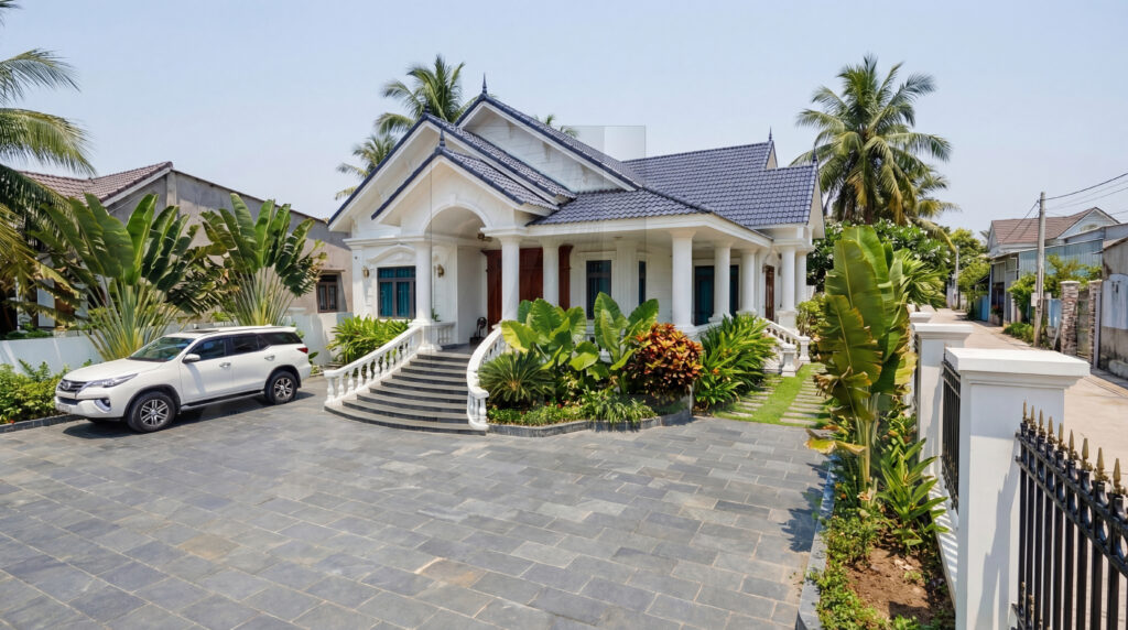 Mẫu nhà mái Thái 1 tầng đẹp nổi bật với kiến trúc tân cổ điển nhẹ nhàng